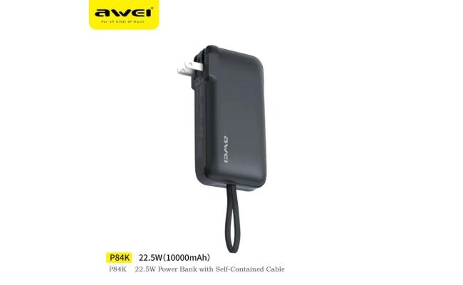 Awei P84K Power Bank with Built-in USB-C Cable & Plug, 10,000mAh 5V/4.5A Power Bank Fast Charging 22.5W, Travel Essential Battery Pack for iPhone 16/15 Series, Samsung Galaxy, iPad